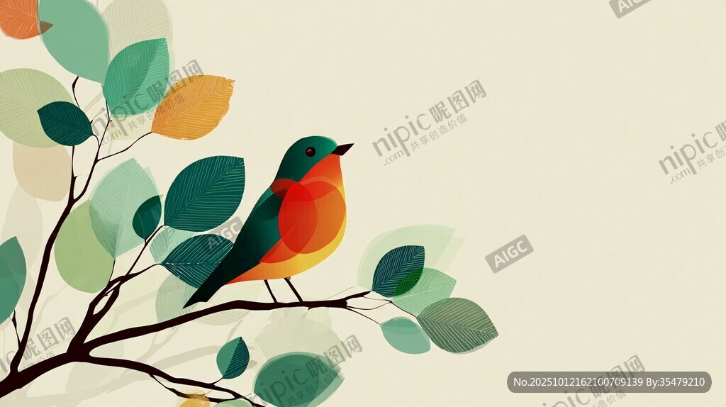 枝头小鸟 清新自然插画