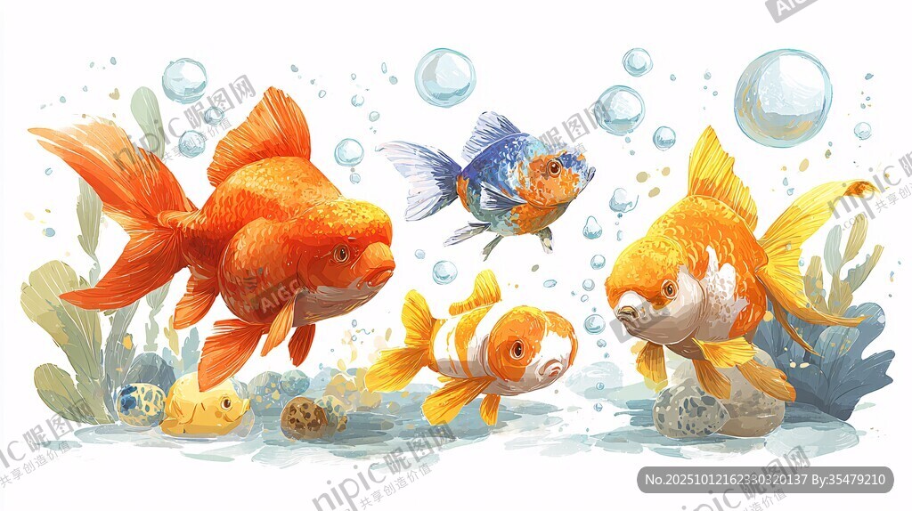 水彩绘灵动金鱼水中嬉戏
