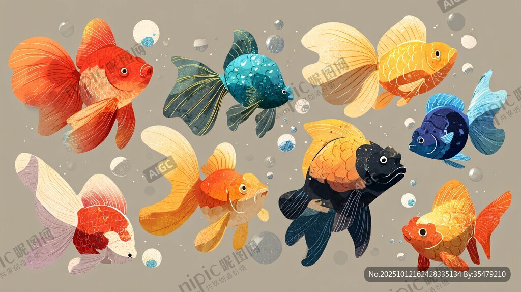 多彩金鱼群游插画