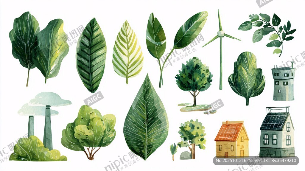 手绘绿植与建筑元素集合