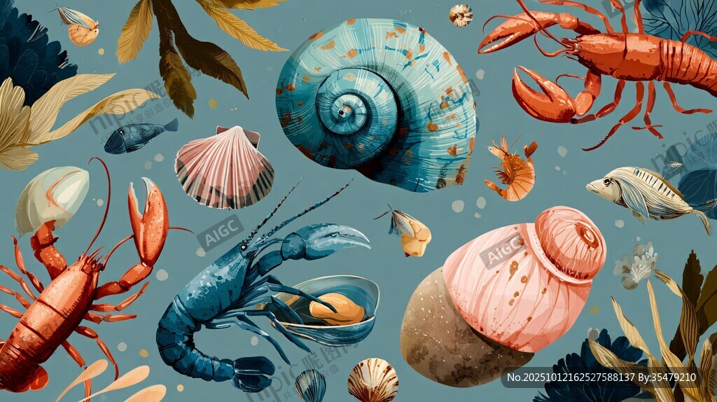 海洋生物与贝壳的梦幻图景