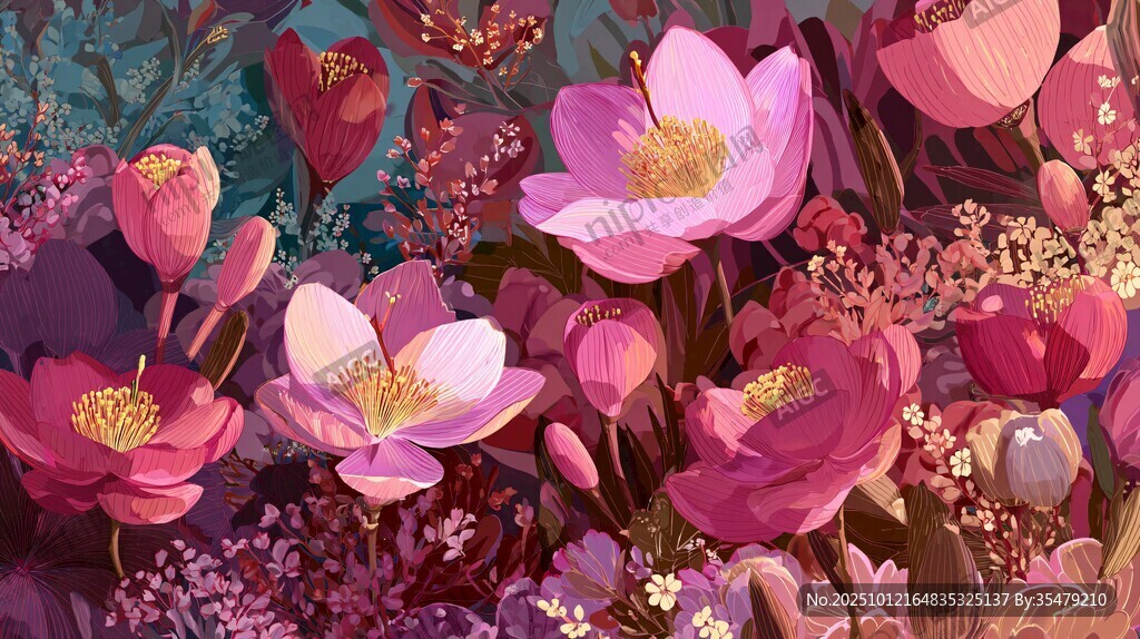 梦幻粉色花卉插画