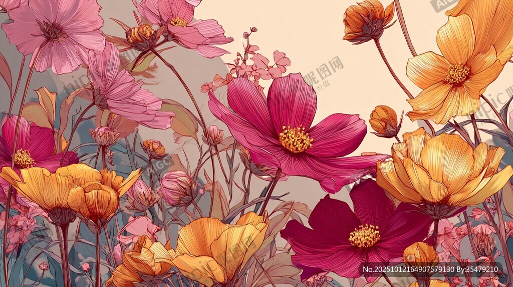 缤纷花卉插画 绚丽花朵绽放