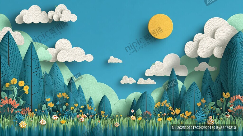 纸艺风美丽自然风景图