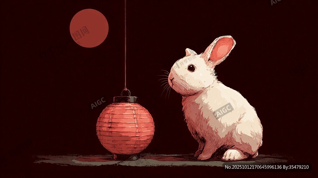 玉兔伴灯笼 月夜意悠悠