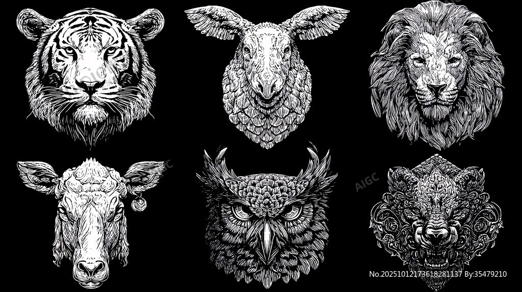 动物头像黑白插画艺术集
