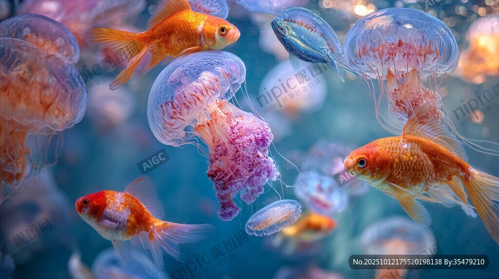 金鱼与水母共舞的梦幻场景
