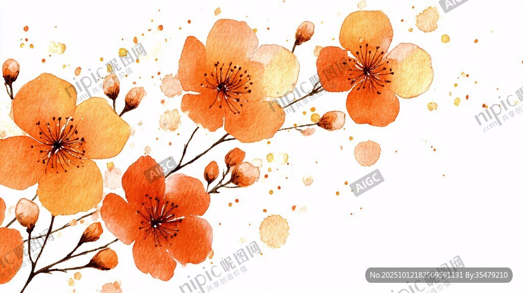 橙色花卉水彩插画