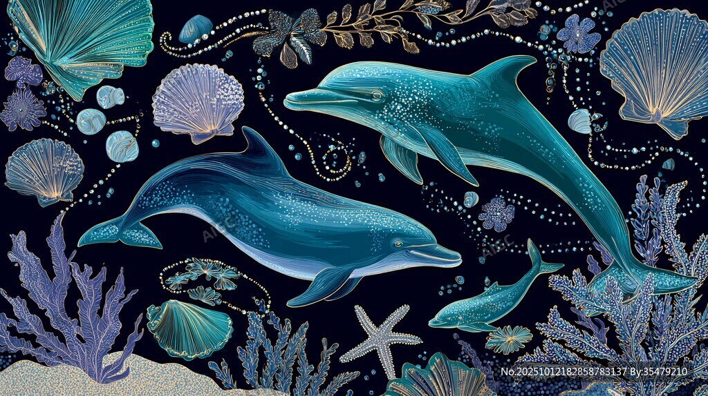梦幻海底世界的海豚与贝壳