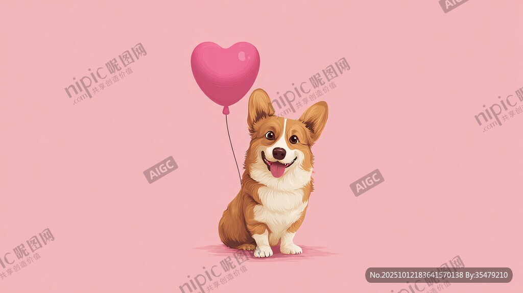 爱心气球旁的可爱柯基犬