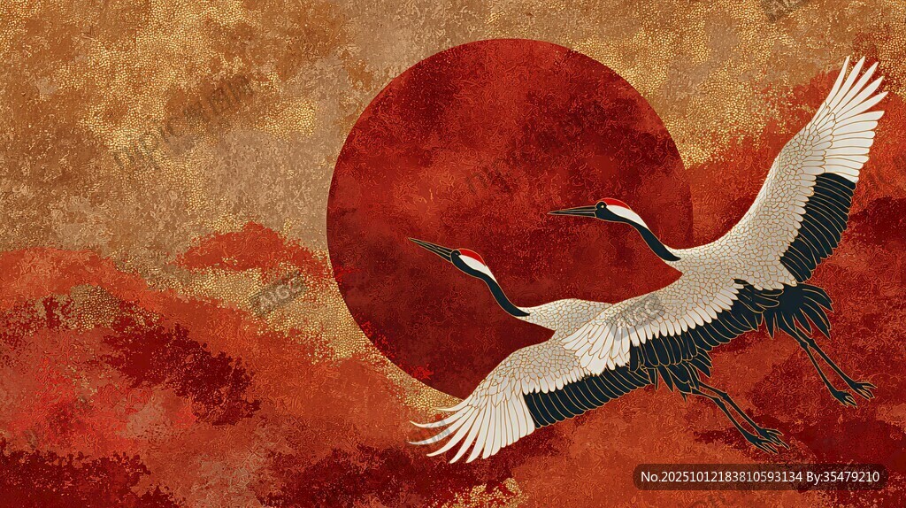 丹顶鹤朝阳展翅图