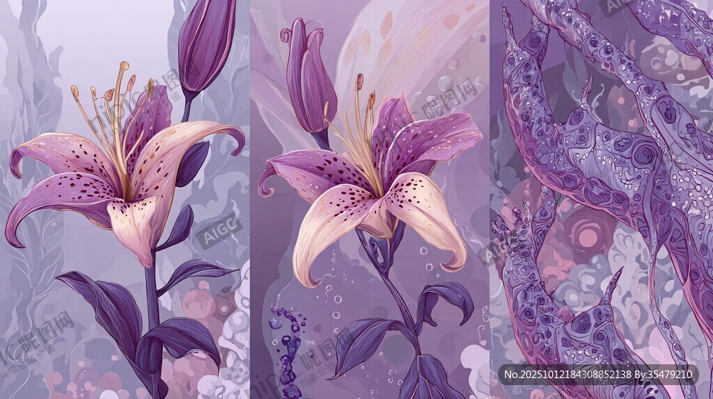 梦幻紫色系百合花插画