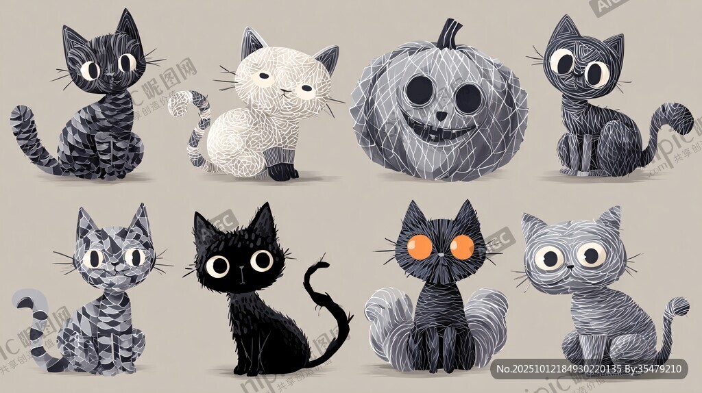 万圣节猫咪与南瓜插画