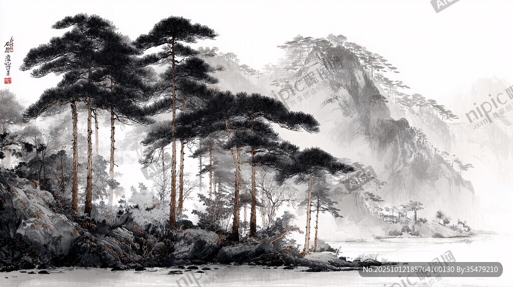 水墨松林山水景
