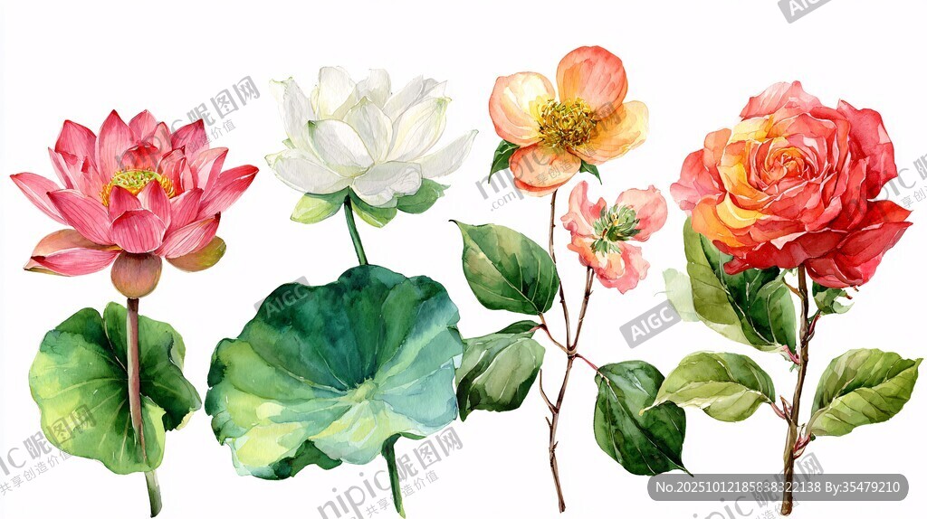 水彩花卉插画 莲与玫瑰