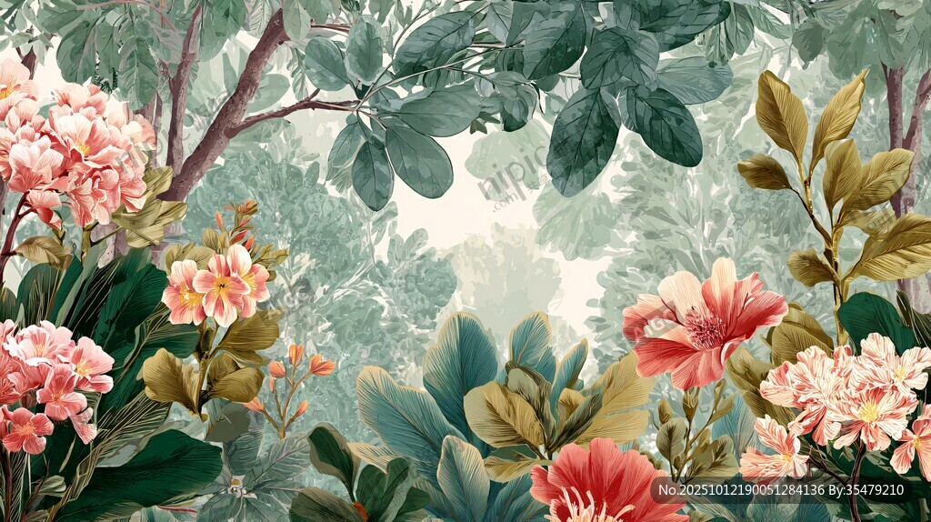 梦幻花卉丛林插画