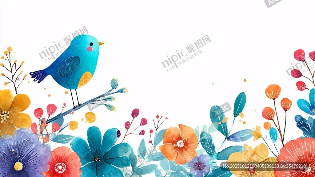 蓝鸟栖于缤纷花卉间