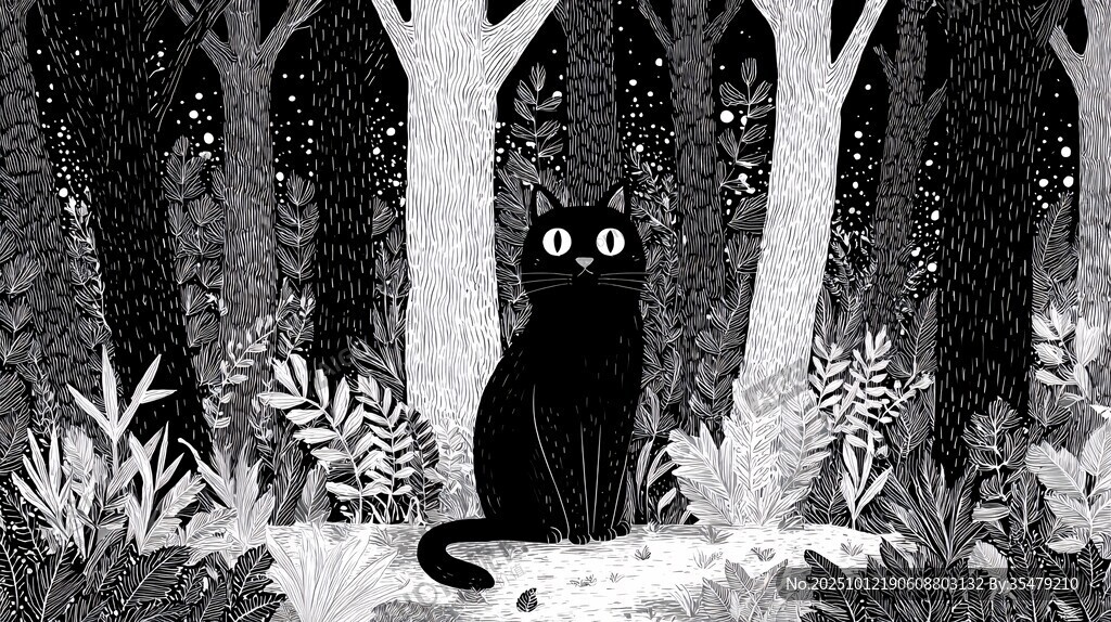黑猫独坐森林奇幻场景