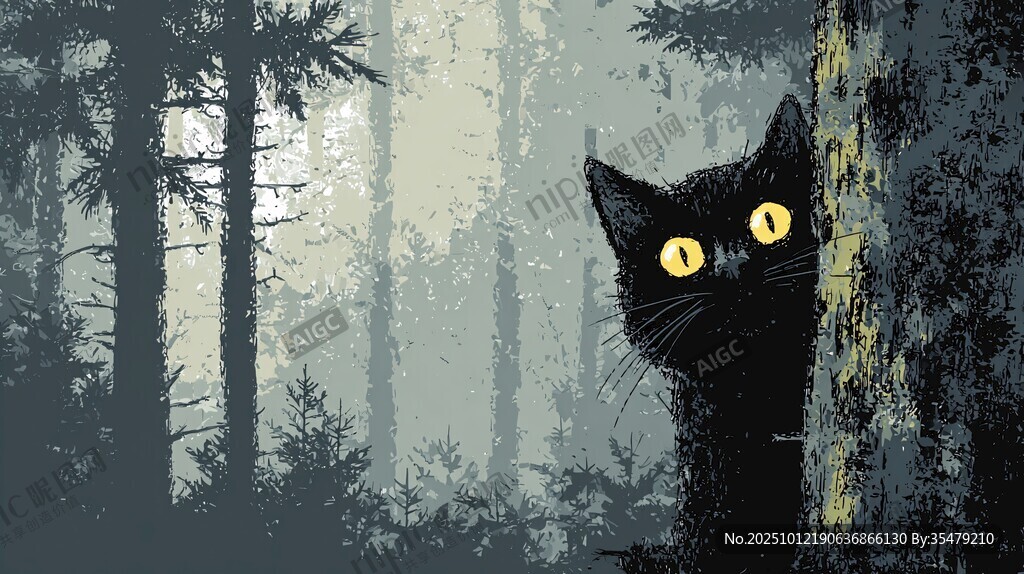 森林中黑猫的神秘窥视