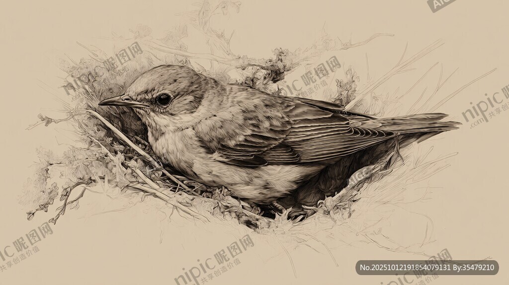 巢中小鸟素描图