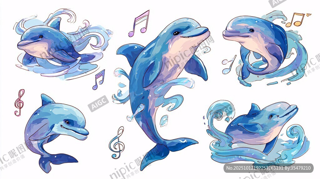 水彩风格灵动海豚插画