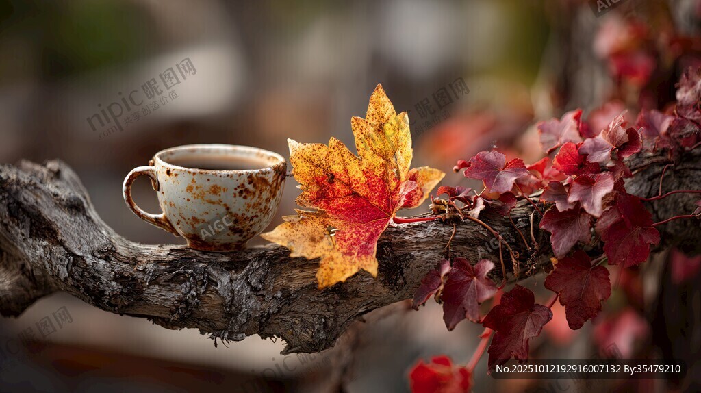 秋日树枝上的茶杯与红叶