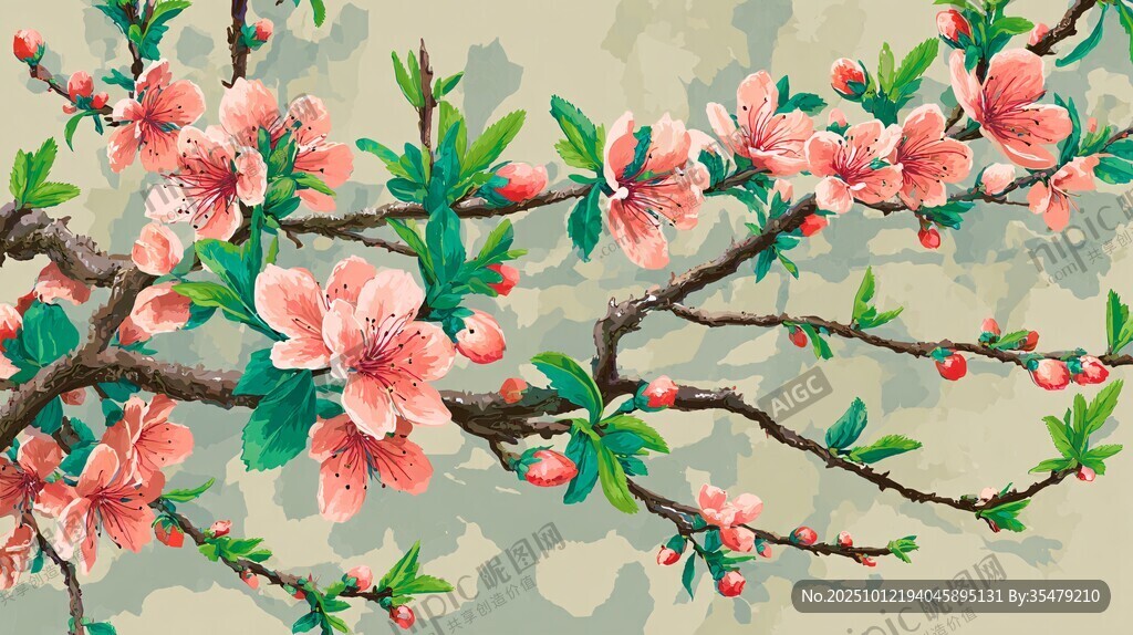 手绘桃花枝 粉嫩春色图景