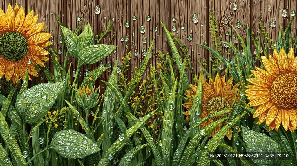 雨后向日葵与绿叶景致