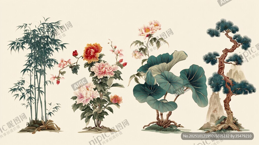 中式花卉植物雅致组合图