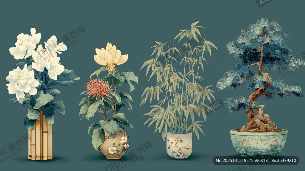中式盆栽花卉雅致组合