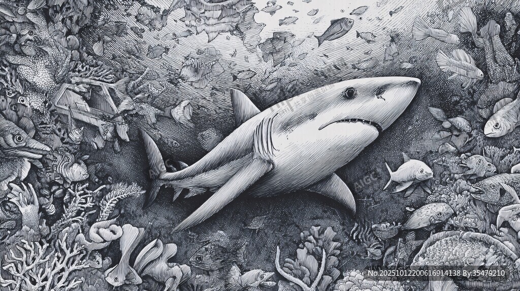 海底鲨鱼与海洋生物图景