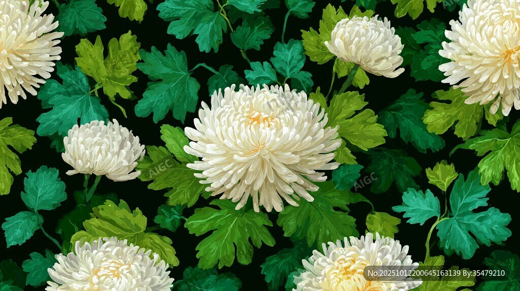 白菊绿叶无缝花卉图案