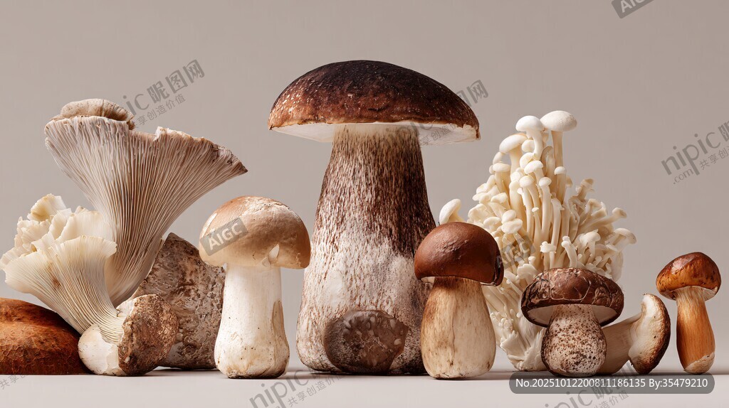 多样蘑菇静物展示