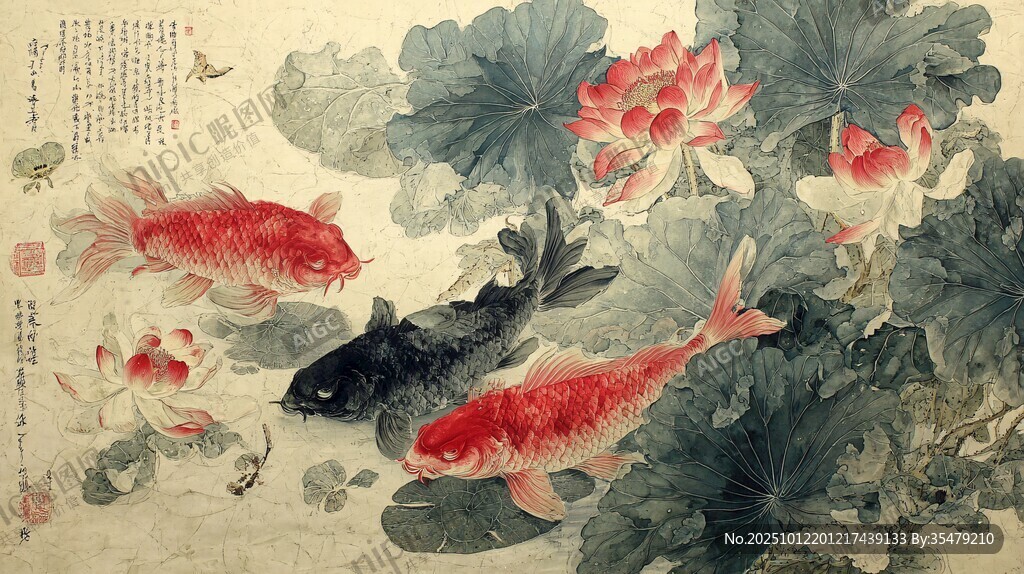 荷花锦鲤图