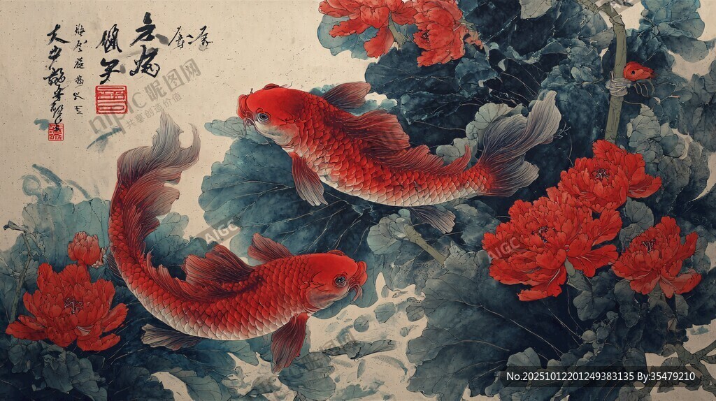 国画锦鲤图 繁花相伴