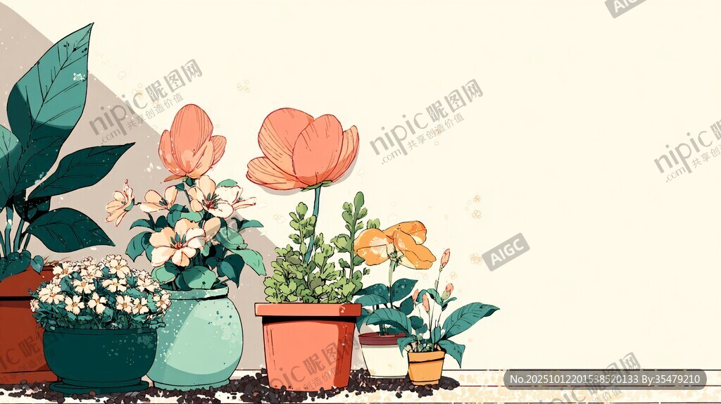 墙边多彩盆栽植物插画