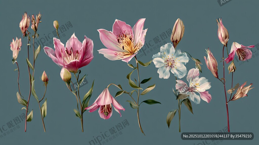 粉色系花卉组合插画
