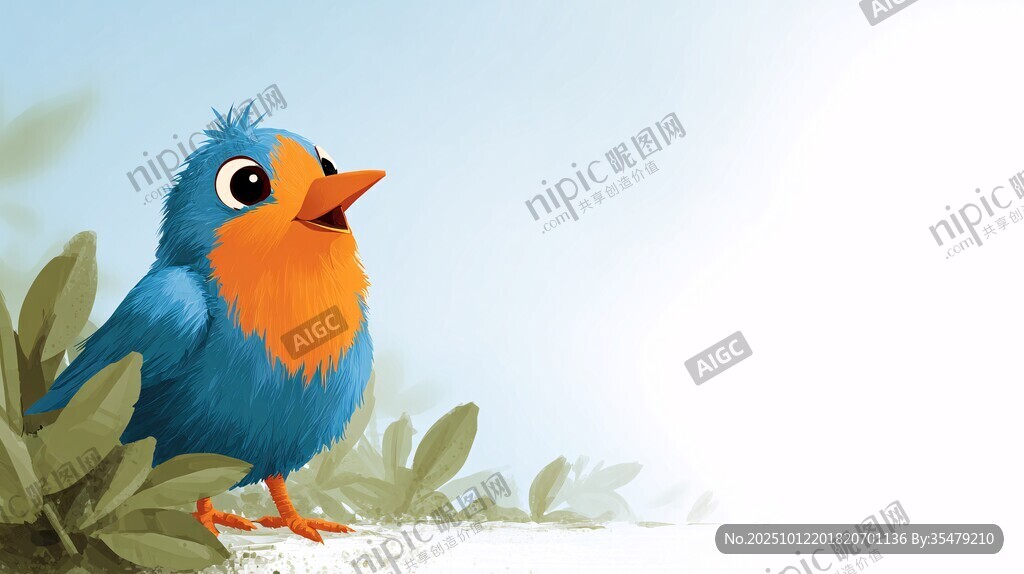 蓝色小鸟立于绿叶间