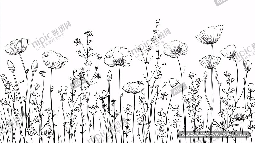 手绘花卉植物线条插画