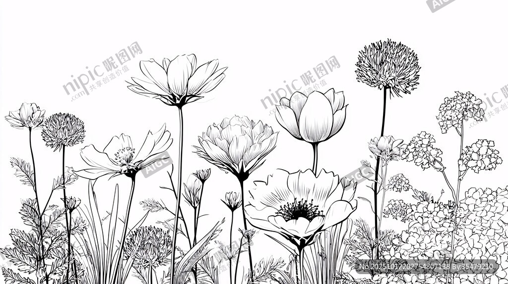 黑白花卉线描插画