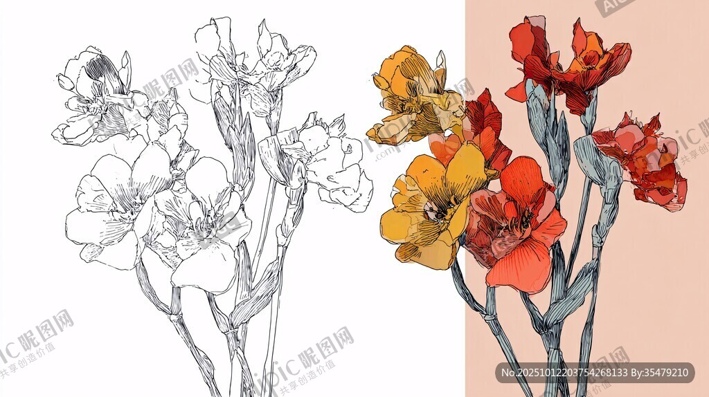 手绘花卉对比图
