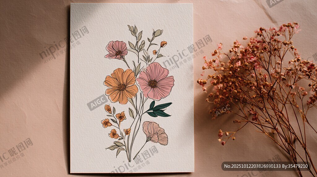 手绘花卉图案与干花装饰