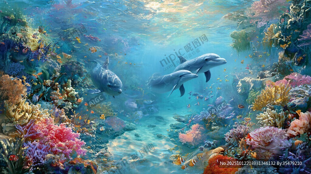 梦幻海底的海豚与珊瑚