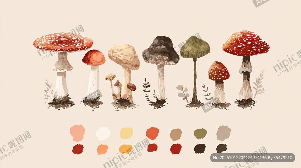 水彩风蘑菇插画及配色