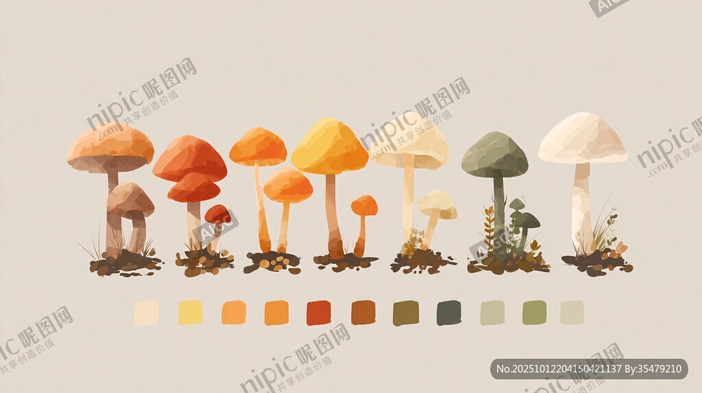 多彩蘑菇插画及色彩示例
