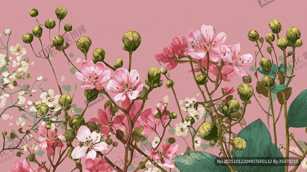 粉色花卉浪漫唯美插画