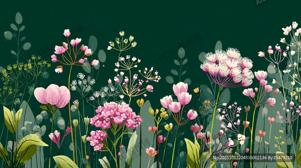 梦幻粉色花卉植物插画