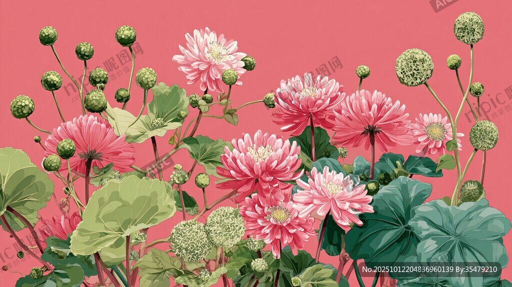 粉色花卉植物清新插画