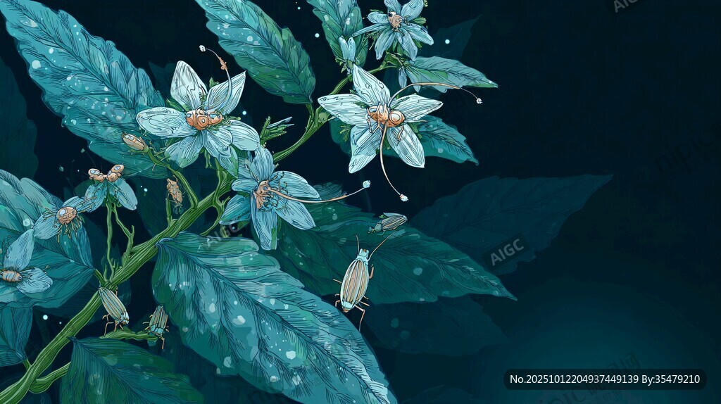 雨中蓝叶白花植物特写
