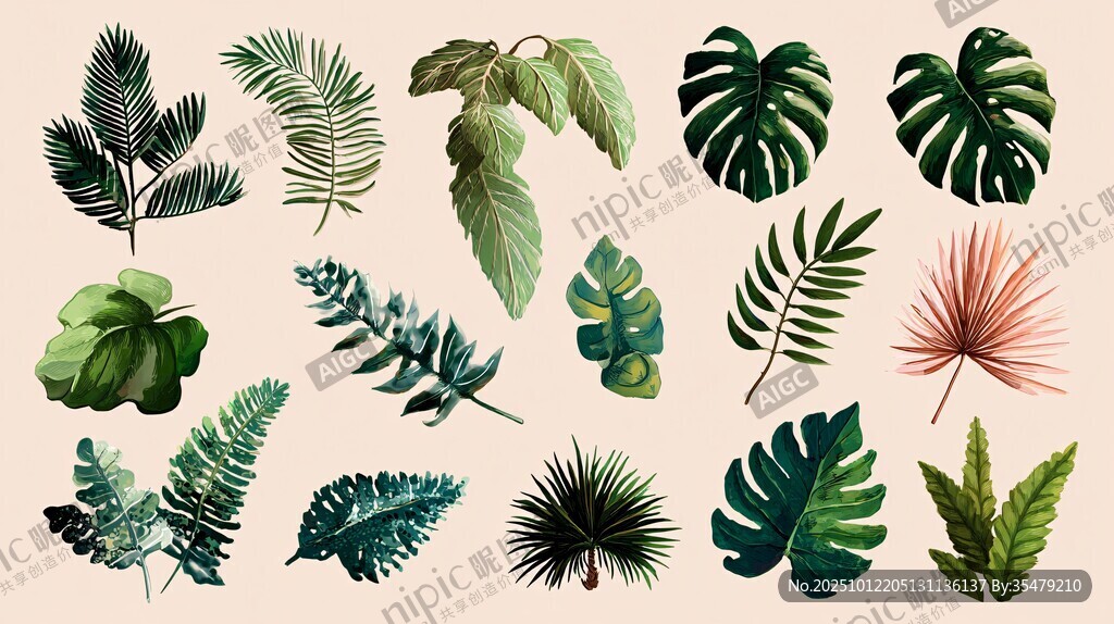 多样热带植物叶片插画